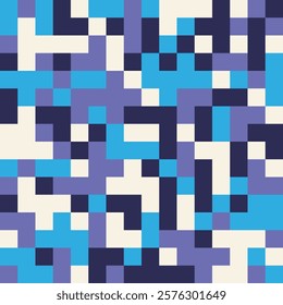 A vibrant, abstract pattern composed of various shades of teal, purple, and navy blue squares arranged in a repeating grid.