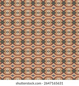 Vibrant abstract pattern with concentric swirls and diamond shapes in red, green, and cream. Perfect for backgrounds, textiles, and creative design.