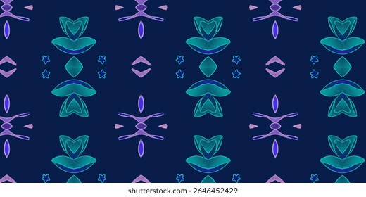 Vibrant abstract pattern in deep blue, turquoise, and violet hues with floral-inspired elements. A striking symmetrical design perfect for modern digital or textile use.