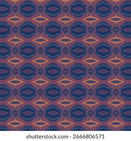 Vibrant abstract pattern in deep blue and orange tones, creating a seamless kaleidoscopic design perfect for textile, wallpaper, and digital backgrounds.