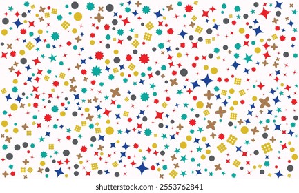 Vibrant Abstract Pattern Design. Colorful Geometric Shapes with Stars, Circles, and Crosses in Red, Blue, Yellow, Green, and Brown. Modern Seamless Background for Digital or Print Use