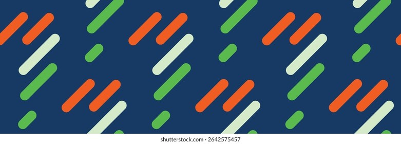 Vibrant abstract pattern of diagonal lines in green, orange, and white on a navy blue background.  Perfect for website banners, social media posts, or modern design projects.