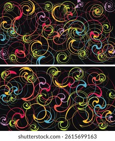 Vibrant abstract pattern displaying colorful swirls and spirals on a black background, depicting dynamic motion and modern artistic creativity.