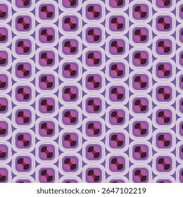 Vibrant abstract pattern featuring circular and square motifs in shades of purple and pink on a light gray background.