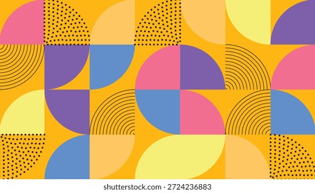 Um padrão abstrato vibrante com formas geométricas coloridas, como círculos e círculos trimestrais, intercalados com texturas pontilhadas e alinhadas.