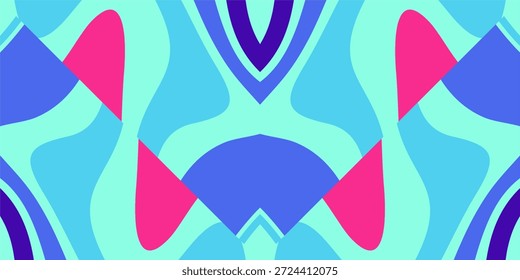 Patrón abstracto vibrante con fluidos, Formas onduladas y Elementos geométricos en una paleta colorida de azul, verde azulado, rosa caliente y púrpura. Ideal para fondos modernos, proyectos de diseño y arte digital.