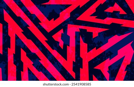 A vibrant abstract pattern featuring jagged, angular shapes in bright pink and dark blue, creating a dynamic and energetic visual effect.