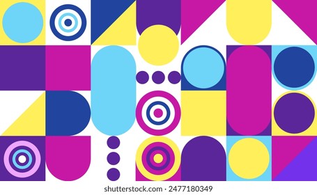 Vibrant abstract pattern featuring a mix of geometric shapes including circles, squares, and rectangles in bold colors like pink, blue, yellow, and purple.