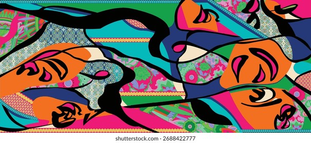 Vibrant abstract pattern featuring overlapping colorful lines, creating a dynamic modern background perfect for digital art, textiles, and creative design projects.