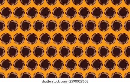 Vibrant abstract pattern featuring repeating dark brown sunburst circles on an orange background.  Perfect for textile design, website backgrounds, or any project needing a bold, geometric aesthetic.