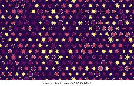 Vibrant abstract pattern featuring scattered circles in varying shades of purple, pink, and yellow.