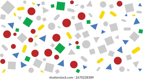 A vibrant, abstract pattern featuring scattered geometric shapes in red, green, gray, blue, and yellow against a white background.  The shapes include circle...