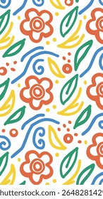 A vibrant, abstract pattern featuring stylized flowers, leaves, and swirling lines in bold orange, green, yellow, and blue against a clean white background.