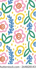 A vibrant, abstract pattern featuring stylized flowers and leaves in bright pink, yellow, blue, and green on a white background. This playful design evokes a sense of joy and nature.