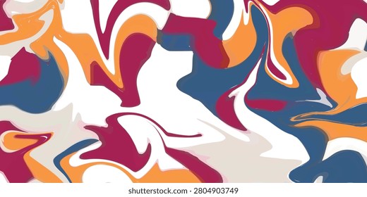 A vibrant abstract pattern featuring swirling shapes in bold colors like orange, burgundy, blue, and white.