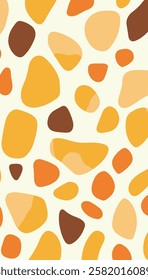 A vibrant abstract pattern featuring various shapes resembling pebbles in shades of yellow, orange, and brown against a light background. 