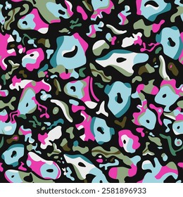 Vibrant abstract pattern with fluid shapes, creating a modern and playful design for backgrounds, textiles, and creative