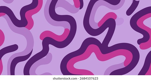 Vibrant abstract pattern with fluid wavy lines and organic shapes in a contemporary mix of purple and pink hues, ideal for modern design backgrounds