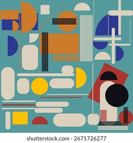 Vibrant abstract pattern with geometric shapes including circles, squares, rectangles, ovals, and semi-circles in bold orange, yellow, red, and blue, layered over teal-green background