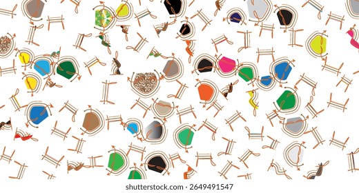 Vibrant Abstract Pattern with Hand, Drawn Arrows and Multicolor Geometric Shapes on White Background, Ideal for Creative Technology, Fashion, and Modern Graphic Design Projects.