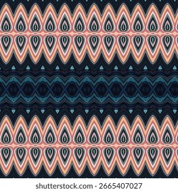 Vibrant abstract pattern with layered teardrop shapes in warm pink, orange, and green tones, forming a seamless geometric textile design.