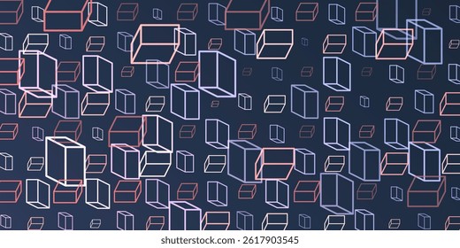 A vibrant abstract pattern of layers of repeating 3D cubes in purple, grey and blue placed on a dark blue background. The bold geometric design and contrasting colors create a striking modern visual.