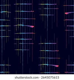 Vibrant abstract pattern of neon gradient lines on a dark background. Hand-drawn grid texture with glitch effect, perfect for modern fashion, backgrounds, and digital design.