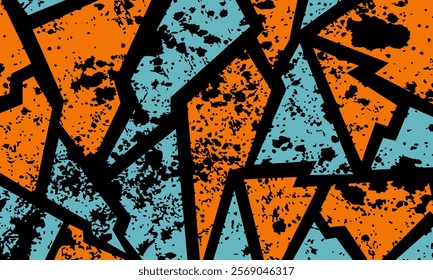 A vibrant, abstract pattern of orange and blue shapes with black outlines and a grunge texture overlay.