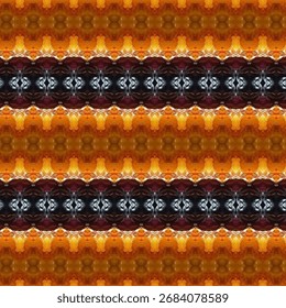 Vibrant abstract pattern with orange, gold, and black symmetrical stripes, creating a bold geometric texture ideal for backgrounds and modern design projects.