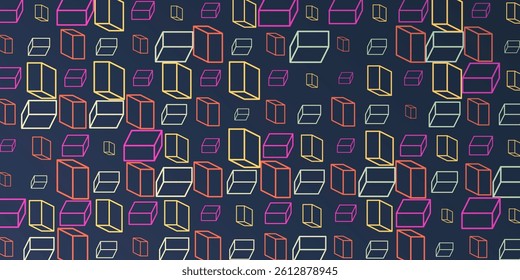 A vibrant abstract pattern of repeating 3D cubes in red, purple, brown and white on a dark blue background. The bold geometric design and contrasting colors create a striking modern visual.