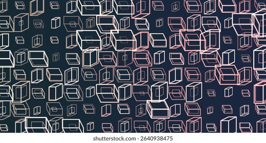 A vibrant abstract pattern of repeating 3D cubes in grey, white, pink and purple on a dark blue background. The bold geometric design and contrasting colors create a striking modern visual.