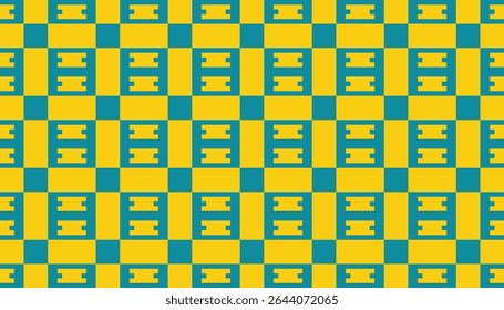 Vibrant abstract pattern with repeating blue-green and yellow elements in a clean checkered layout. Great for retro designs, fashion prints, and creative surface patterns