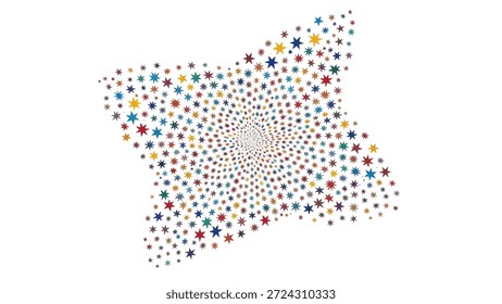 Un patrón vibrante y abstracto que se asemeja a un estallido estelar o explosión, compuesto por numerosas Formas estelares Pequeñas y coloridas que se arremolinan hacia afuera desde un punto central sobre un fondo blanco.