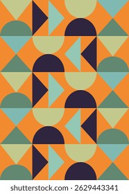 A vibrant abstract pattern with triangles, semi-circles, and arrows in earthy green and pastel blue on an orange background. Ideal for modern design, prints, and decor.