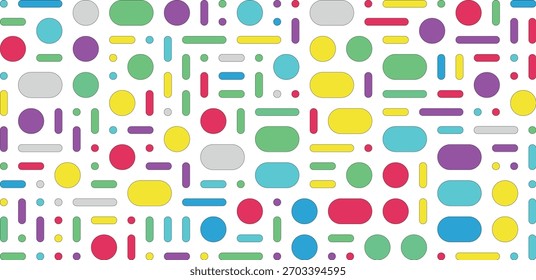 Un patrón vibrante y abstracto de varias Formas geométricas de colores esparcidas a través de un fondo blanco limpio.