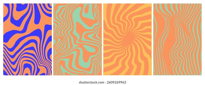 Vibrant abstract patterns with wavy lines in bold colors create optical illusions. Each panel has unique color combos: orange, green, and yellow swirl into dynamic, fluid designs.