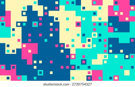 Vibrant abstract pixel art background.  A dynamic composition of colorful squares creates a modern, playful, and energetic design.