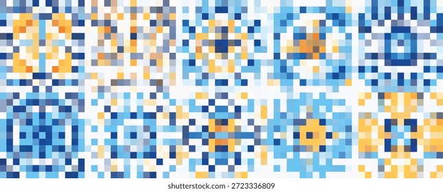 Mosaico de píxeles abstractos vibrantes con cuadros Pequeños de color azul brillante y naranja cálido que crean un intrincado patrón geométrico para fondos digitales y Diseño web modernos