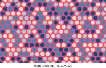 Vibrant abstract polka dot pattern featuring a playful arrangement of blue, pink, and beige circles on a pink background.