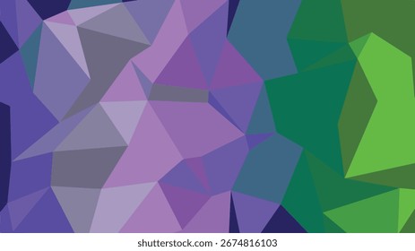 Diseño poligonal abstracto vibrante con colores azul, púrpura y verde que crean un patrón geométrico dinámico.