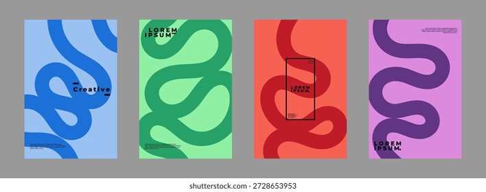 Cartaz abstrato vibrante com formas fluindo em cores quentes apresentando linhas onduladas coloridas e fluidas para uma sensação dinâmica e moderna para arte de parede criativa.Modelo de capa minimalista com onda de linha de perspectiva vibrante. Design ideal para mídia social, capa, banner, folheto, música, anúncios.