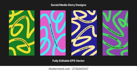 Conjunto de póster abstracto vibrante con Formas de líneas fluidas en colores planos con líneas onduladas fluidas para una sensación dinámica y moderna, tipografía de diseño motivacional para la historia de las redes sociales
