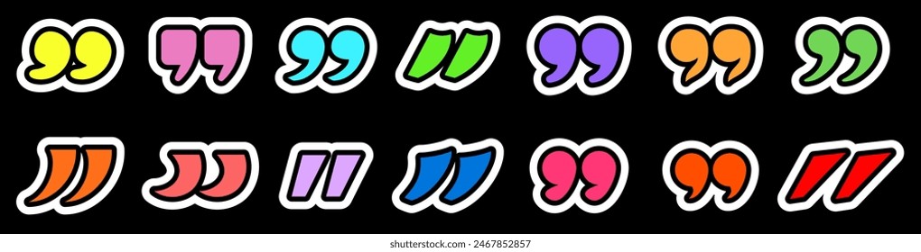 Vibrant abstract quotation marks in various colors with bold outlines on a black background, showcasing diverse and playful typographic styles.