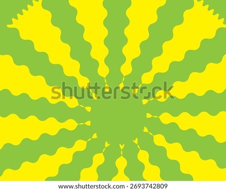 A vibrant, abstract radial burst pattern with wavy, alternating green and yellow stripes emanating from a central point.