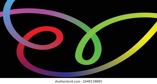 Vibrant Abstract Rainbow Curves on a Black Background. A dynamic abstract design featuring interwoven, gradient-filled curves in a spectrum of rainbow colors against a pure black backdrop.