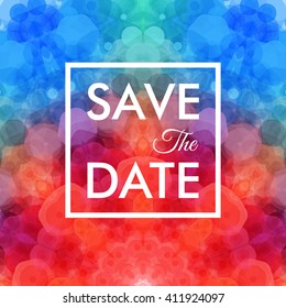 Vibrant abstract red and blue wedding invitation with a geometric pattern of overlaid hexagons and central Save The Date text, vector illustration