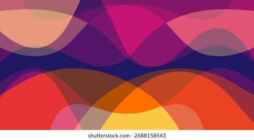 Vibrant Abstract Retro Wavy Background. Dynamic Seamless Pattern of Overlapping Blue, Pink, Orange, and Yellow Shapes with Flowing White Outline Details.