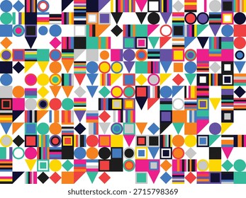 Padrão Geométrico Sem Costura Abstrato Vibrante. Composição de estilo de arte pop e moderna do meio do século. Fundo decorativo com círculos, quadrados, diamantes e triângulos entrelaçados em uma paleta de arco-íris retrô