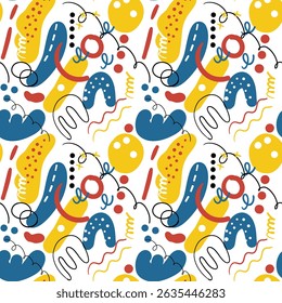 Vibrant abstract seamless pattern in doodle style, featuring simple shapes and spots, hand-drawn illustrations. Perfect for joyful festive backgrounds, wrapping paper, textile design, and web design 
