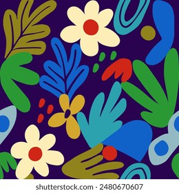 A vibrant and abstract seamless pattern featuring colorful flowers, leaves, and organic shapes in a Matisse style. Colorful floral background.